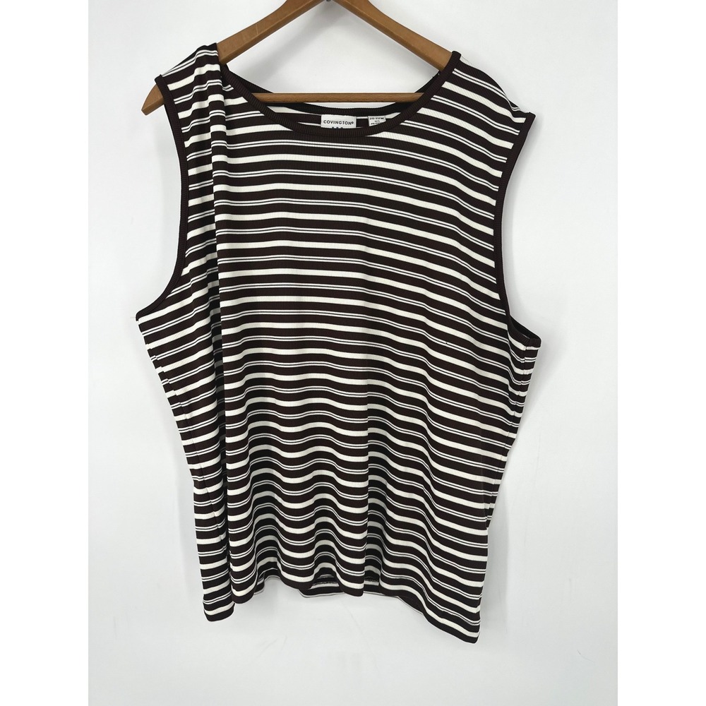 Covington Tank Top Women 20-22W Brown Striped Ribbed Stretch Casual Preppy Earth